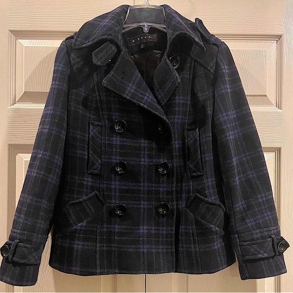 Giacca Womens Small Wool Blend Short Pea Coat Black & Blue/purple Plaid